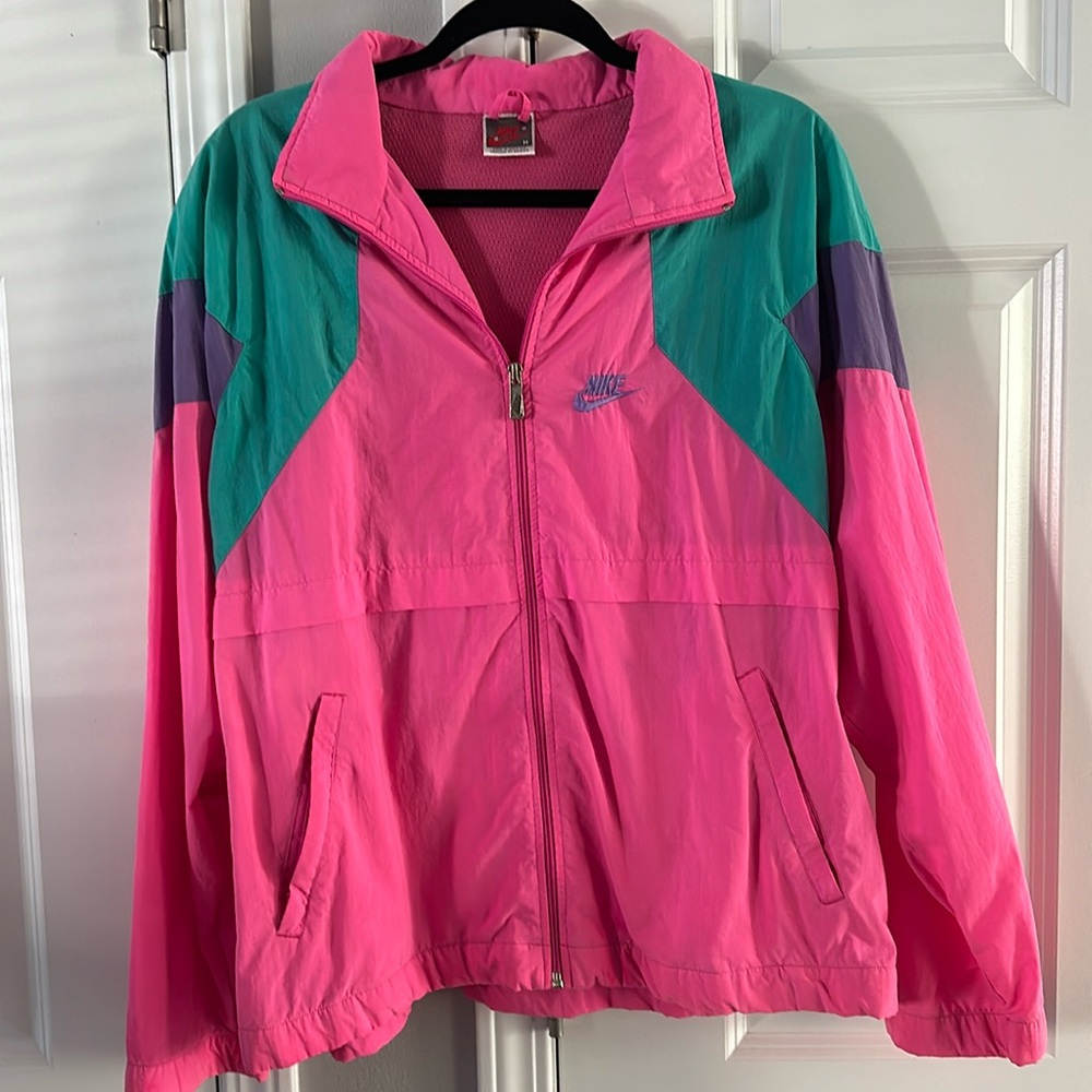Nike Women's Bright Pink Windbreaker Jacket with Teal and Purple Accents